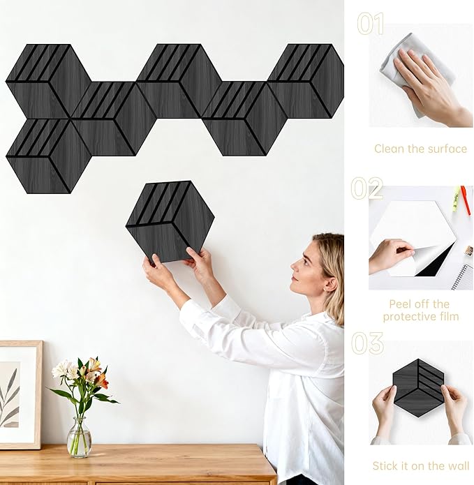 Mollywell Hexagon Acoustic Panels, Black Oak S4, 14x12x0.4 Inch, 12 Pack |Wood Veneer|High Density Sound Proofing Wall Panels|Self Adhesive Sound Dampening Felt Wall Tiles|Home Theater|Gaming Room|