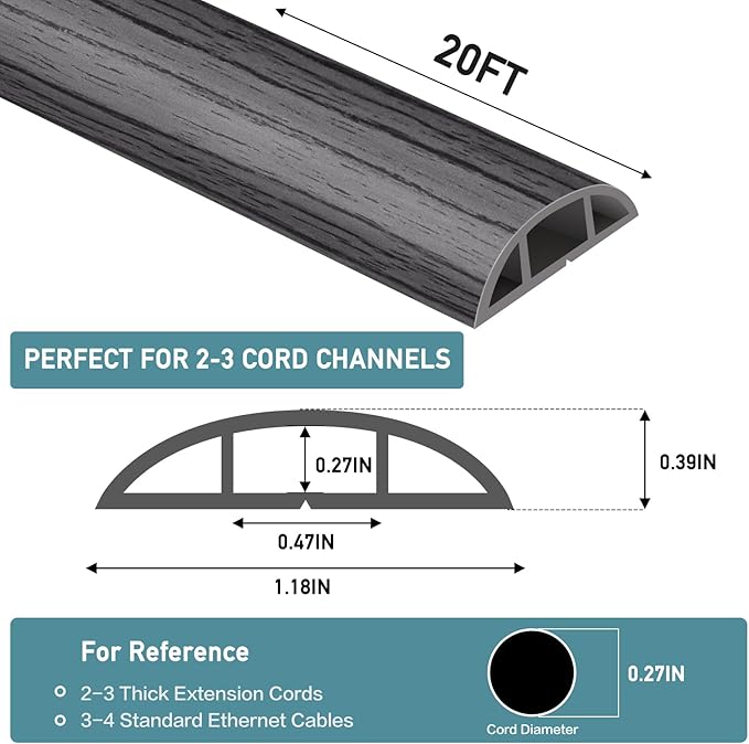 Floor Cord Cover Self Adhesive Cord Hider Floor Extension Cord Covers for Floor Power Cord Protector Cable Management Prevent Cable Trips Cable Cavity 0.47" W x 0.27" H (Deep Grey Wood, 20Ft)