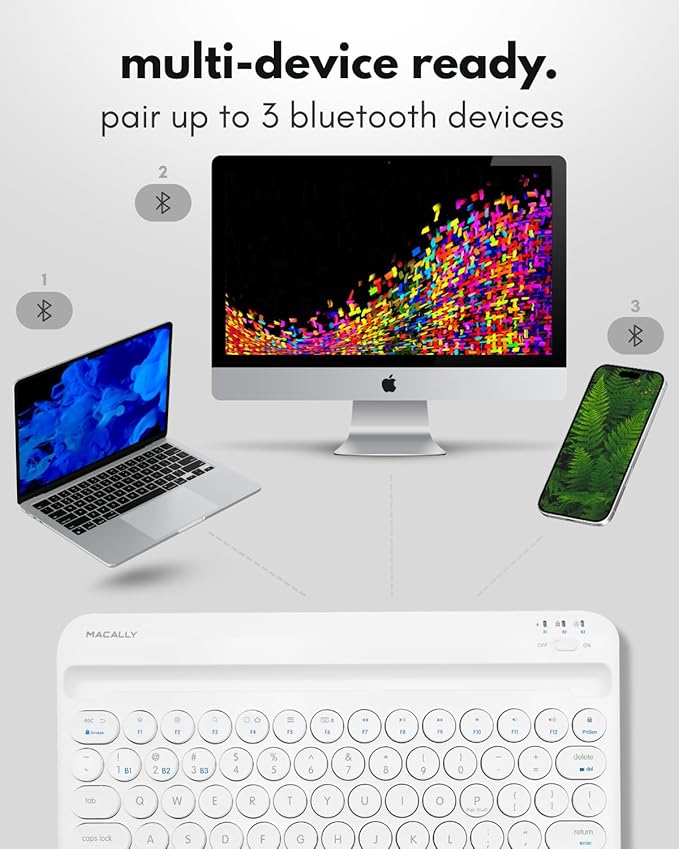 Macally Bluetooth Keyboard for Tablet | Wireless Keyboard for iPad mini/Air/Mini, iPhone (Multi-Device, Built-in Stand, Rechargeable) Easy to Use and Cute Portable - White