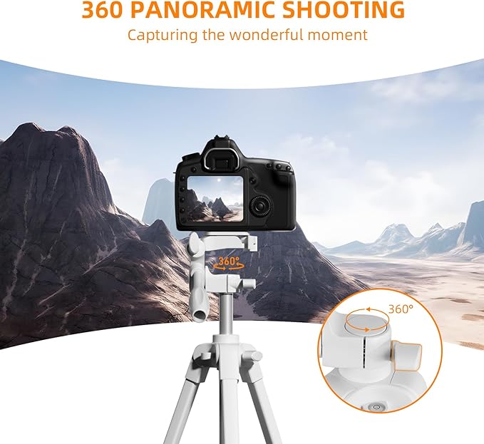 PHOPIK Extendable Tripod Stand - 55" Phone Tripod with 360 Panorama, Shutter-Video, 1/4" Mounting Screw for iPhone/Android/Sport Camera&Insta360 x5 - White