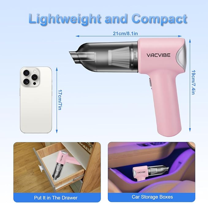 Handheld Car Vacuum Cleaner, 21000PA 4 in 1 Portable Rechargeable Brushless Motor Mini Cordless Car Cleaner, 120W High Power with Multi-Nozzles for Home Office Pet, Present for Girl Women Pink