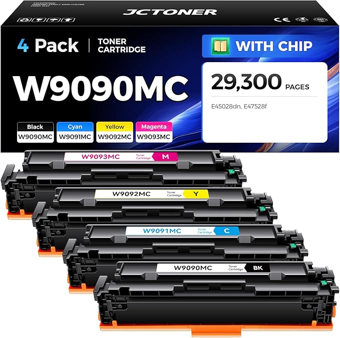 W9090MC High Capacity Toner Cartridge Set 4-Pack with Chip Replacement for HP W9090MC W9091MC W9092MC W9093MC Compatible with HP Color LaserJet Managed E45028dn MFP E47528f Printer Ink Copy Black Cyan