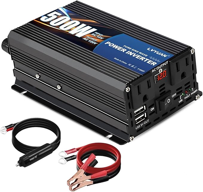 LVYUAN 500 Watt Pure Sine Wave Power Inverter 12V to 110V/120V DC to AC Converter with Dual Sockets, Dual USB Ports, LED Display for Home Outdoor RV Car Power Inverter Power Adapter