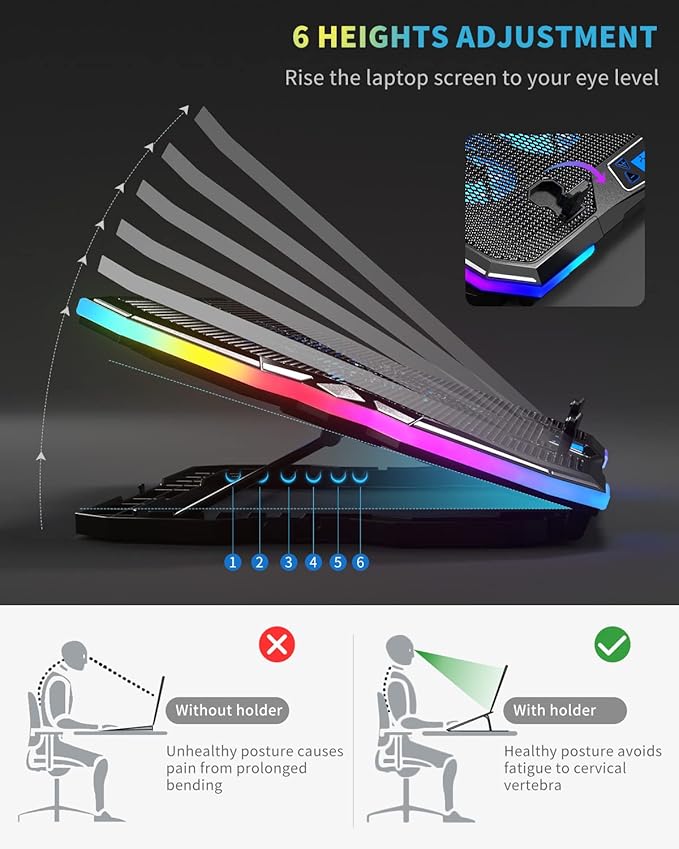 KeiBn Upgrade Laptop Cooling Pad A13,RGB Lights Laptop Cooler 6 Fans for up to 15.6 Inch Laptops,10 Modes Light, 7 Height Stands, 2 USB Ports - Blue