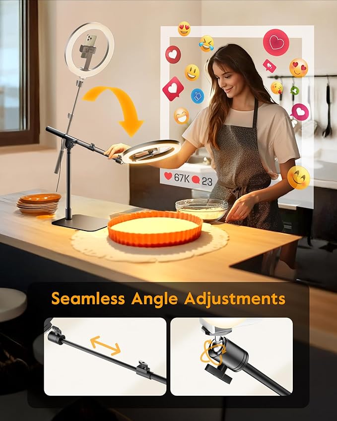 Ring Light with Stand for Desk,Adjustable Overhead Camera Mount with 10" Ring Light Tripod for iPhone,Phone Tripod with Light and Remote Phone Holder for Video Recording,Live Stream,Cooking Video