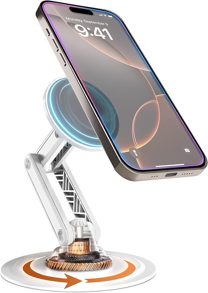COOPER Magnetic Phone Stand for Desk, Mag360 Adjustable MagSafe Stand for iPhone 16 Pro Max, 15 14 13 12 & Plus | 360° MagSafe Phone Holder, Strong Magnetic MagSafe, Foldable 3-Axis Leg (Cream White)