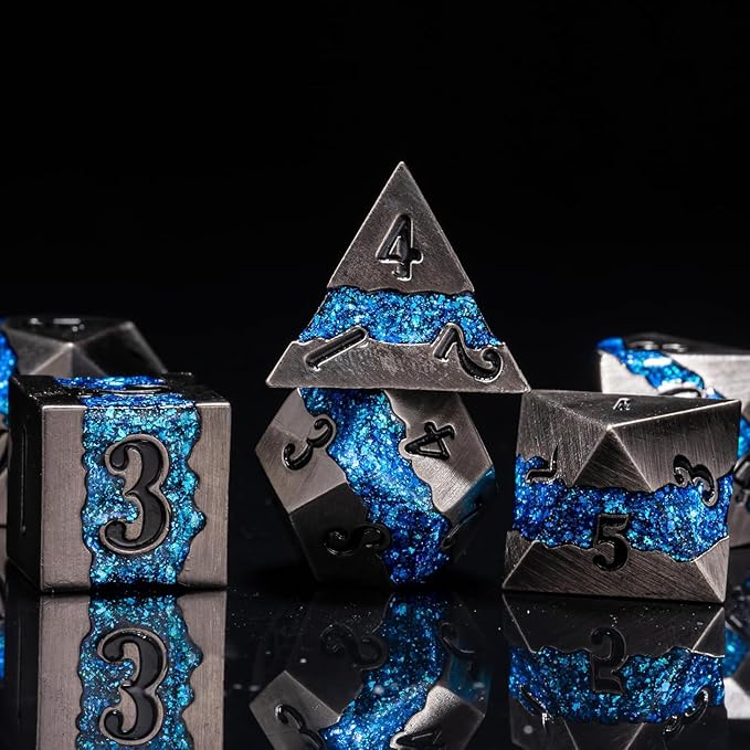 Metal DND Polyhedral Dice,Large Stripe Glitter Metallic Dice Set,Antique Silver Dice 7pcs Set for Role Playing Games