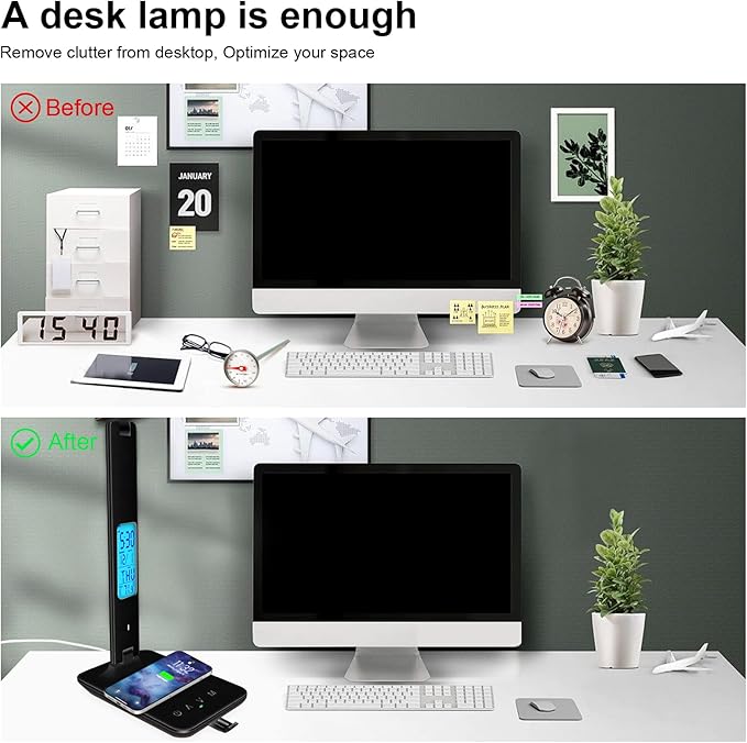 Desk Lamp with Wireless Charger，USB Charging Port, Dimmable Office Desk Light with Clock, Alarm, Date, Temperature, Foldable Lamp for Table Bedroom Bedside Office (Black, Standard Size-13.3 inch)
