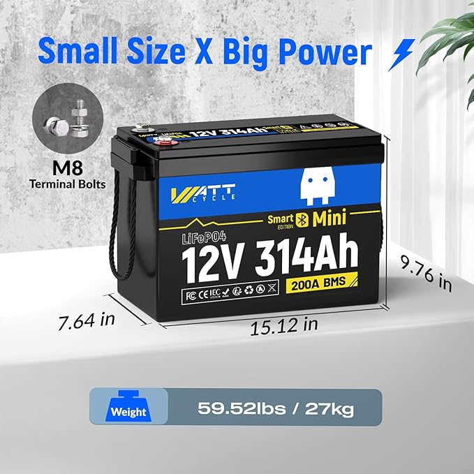 12V 314Ah LiFePO4 Mini Lithium Battery with Bluetooth 5.0, Built-in Metal Frame 200Ah BMS, 4.01kWh Energy, Upgraded Aluminum Cooling Fins, 12v 300ah + Lifepo4 Lithium Batterys