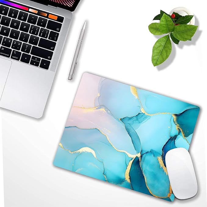Golden Textured Teal Marble Custom Mouse Pad with Non-Slip Rubber, Small Square Design for Wireless Laptop & Computer Mouse Pads for Desk, 9.5 x 7.9 inch Smooth Surface for Gaming & Office