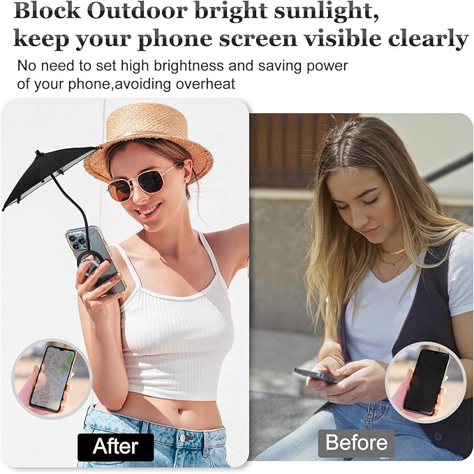 Magnetic Umbrella Phone Stand for Sun Protection,Adjustable Sun Shade Shield for iPhone 16/15/14/13/12 Pro Max,Samsung & Google,Detachable Ring Stand,Heat-Resistant Design,Car Mount Compatible, Black