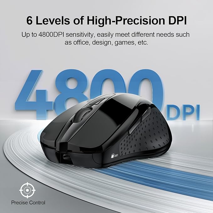 TECKNET Wireless Mouse (BT5.0/3.0 & 2.4G) Rechargeable 4800 DPI Silent USB A & Bluetooth Mouse 6 Buttons, Wide Compatibility - Black