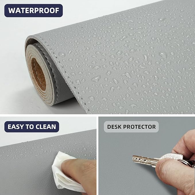 Leather Desk Protector, 47in*23.7in Large Mat with Natural Cork & PU Leather, Mouse Pad, Non-Slip Office Mat, Waterproof Writing Pad for Office and Home (Light Grey)