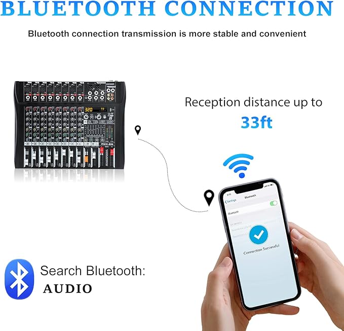 Audio Mixer 8 Channel Professional Mixer Console with 320 DSP Effects, 7-band EQ Sound Mixing Board Digital DJ Mixer w/USB Bluetooth MP3 for Recording, Independent 48V Power & Mute Button