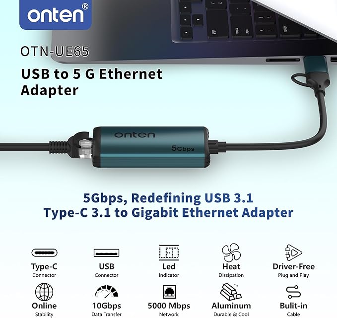 USB-C to Ethernet Adapter - 5Gbps High-Speed,Type-C to RJ45 Ethernet LAN Network Adapter Thunderbolt 4/3 Compatible, for iPhone 15 Pro/Max, MacBook Pro/Air 2023, iPad Pro,iMac and More（5G