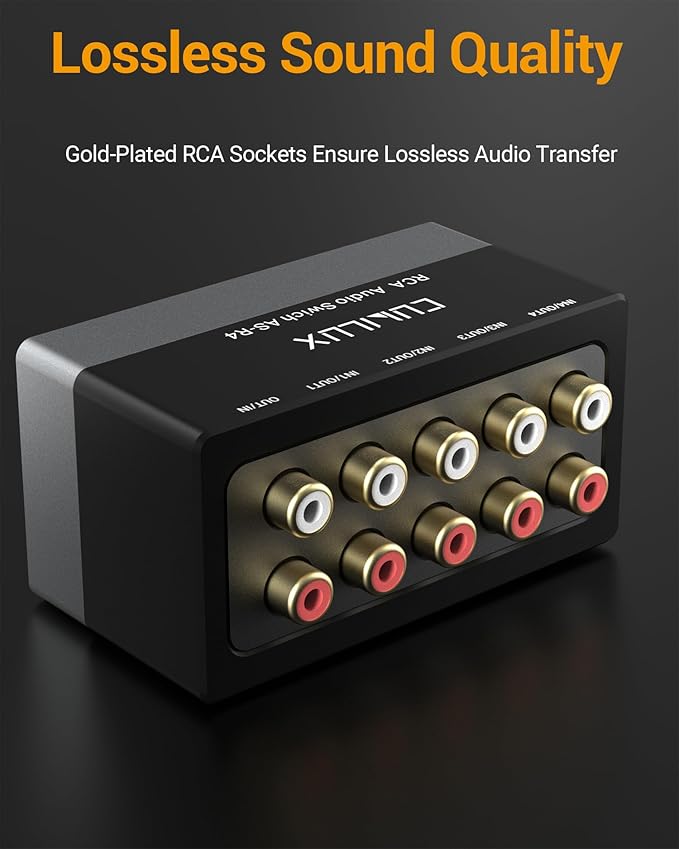 Cubilux AS-R4 4-Channel RCA Audio Selector, Bidirectional 4-Way Stereo RCA Aux Switcher, 1-Input to 4-Output / 4-Input to 1-Output