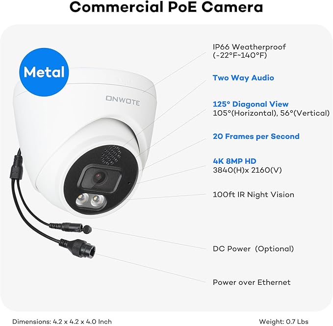 ONWOTE 4K NVR PoE Security Camera System 2 Way Audio, 8 Channel NVR 2TB, 4X 8MP Wired Outdoor IP Cameras, 125° FoV, AI Human Vehicle Detection Trigger Color Night Vision, CCTV Kit for Home Businesses
