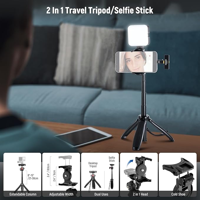 NEEWER Vlogging Kit for Phone with RGB LED Light/Lavalier Wireless Microphone System/Selfie Stick Phone Tripod, Content Creator Essentials for iPhone Android Podcast YouTube, PA048
