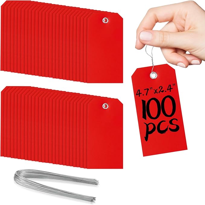 100 Pcs Red Tags with String Blank Shipping Tags with Metal Wire Writable Price Repair Plastic Service for Equipment Product Jewelry Clothing Inventory Car Parts (Red, 4 3/4" x 2 3/8")