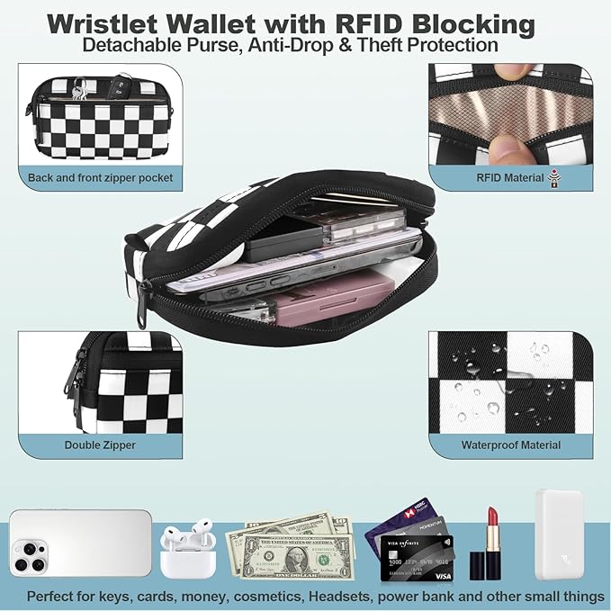 Clip and Go Strap for Phone with Wallet Crossbody, Adjustable Phone Lanyard with Detachable RFID Wristlet Wallet, Phone Strap with Phone Tabs for All Phones, Black Checkered (L)