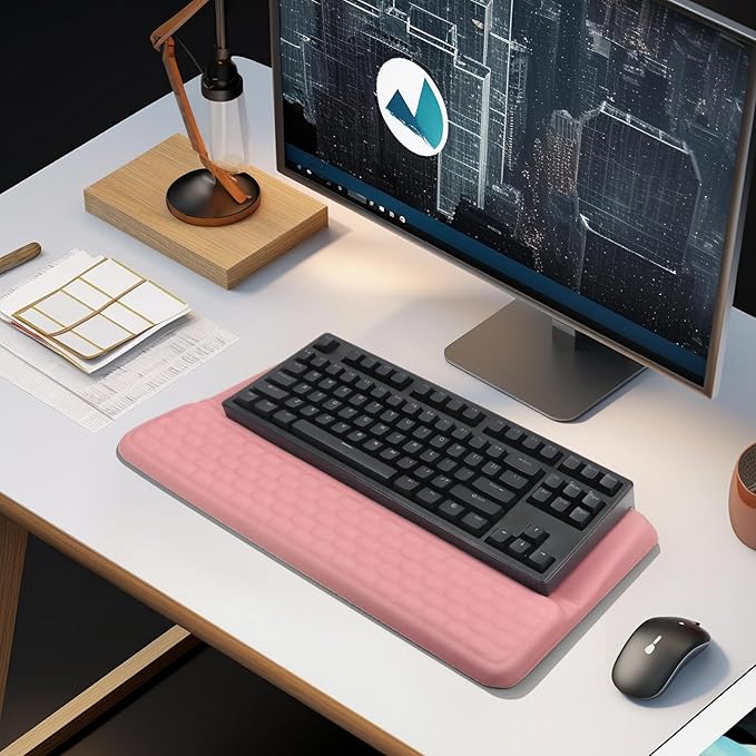 Computer Keyboard Stand Pad with Wrist Rest, Ergonomic Comfy Tilted Keyboard Stand Riser Holder Pad for Office Home (Pink)