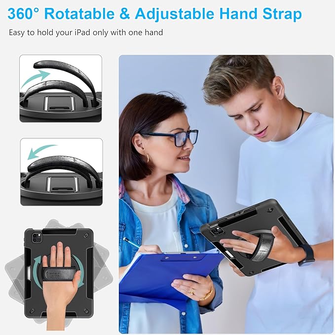 Case for iPad Pro 11 Inch 2022/2021/ 2020/2018: Cover for iPad 11 Inch 4th/ 3rd/ 2nd/ 1st Generation with Screen Protector- Stand- Handle- Shoulder Strap- Pencil Holder Black