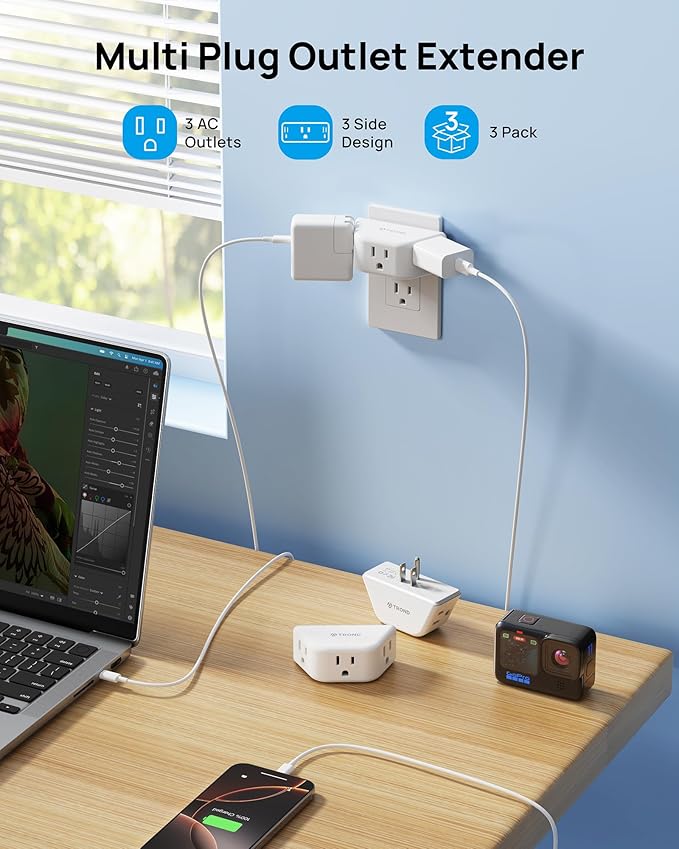TROND Outlet Extender 3 Pack - Multi Plug Wall Outlet, 3-Prong Grounded Wall Splitter, 3 Way Angled Plug Adapter, Cruise Ship Essentials, Multiple Expander for Travel Home Office Dorm Room, White