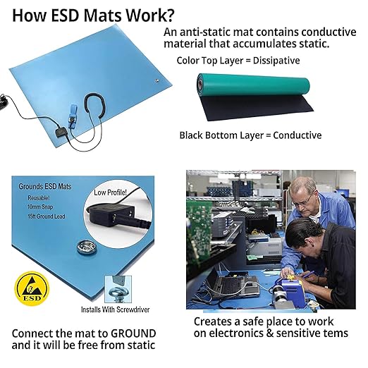 RubberStat Dual Layer ESD Compliant Workstation Rubber Table Mat Kit, Soldering, Cell Phone Repair, with Wrist Strap Set and Ground Cord - 30"x16" Blue