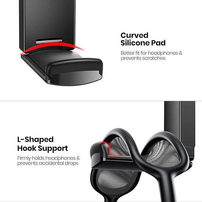 Sticky Headphone Stand Controller Holder - EURPMASK Upgraded Adhesive Gaming Headset Hook, Headphone Holder for Desk with Soft Rubber Pads, Universal PC Gaming Accessory Controller Headset Stand,Black