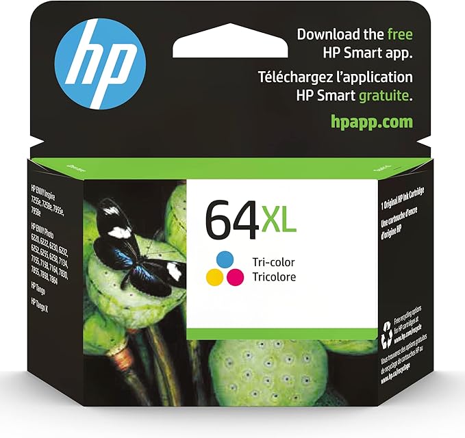 HP 64XL Tri-color High-yield Ink Cartridge for HP Printers | Works with Printer Series: ENVY Inspire 7950e; ENVY Photo 6200, 7100, 7800; Tango | Eligible for Instant Ink | N9J91AN