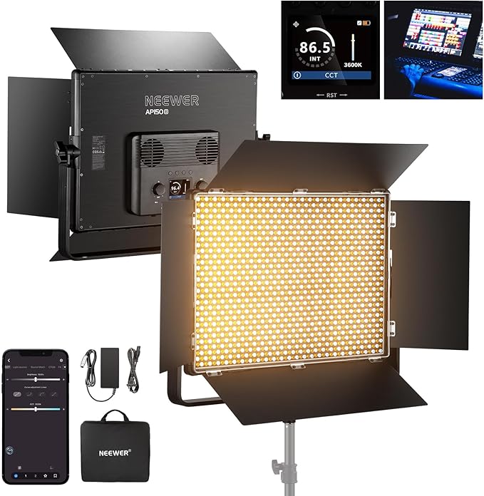 NEEWER 150W Bi Color LED Panel Video Light Kit, 1440 LEDs 49500Lux@0.5m 2500K-8500K CRI96+/TLCI97+ 0-100% Dimming APP/2.4G/Panel/DMX Control for Pro Studio Photography Recording Stage Lighting, AP150B
