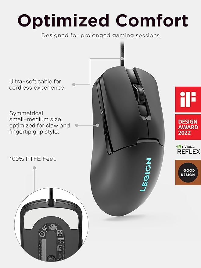 Lenovo Legion M300s RGB Wired Gaming Mouse - 8,000 DPI Adjustable Sensor, 6 Programmable Buttons & 20-Million Clicks Durability with Optimized Comfort (Black)