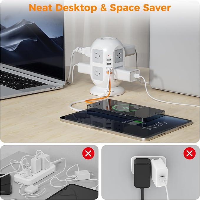 TESSAN Tower Surge Protector Power Strip 10 ft, Long Flat Extension Cord with Multiple Outlets, 8 AC Outlets with 4 USB Ports (1 USB C), Charging Station with Surge Protection, for Home Office Dorm