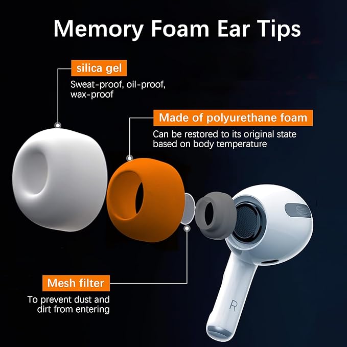 Airpod Pro Ear Tip Memory Foam & Silicone Hybrid Ear Tips, Perfect Noise Reduction, Stays in Your Ears, Ultra-Comfort, Anti-Slip Eartips, Fit in The Charging Case (Orange, Medium)