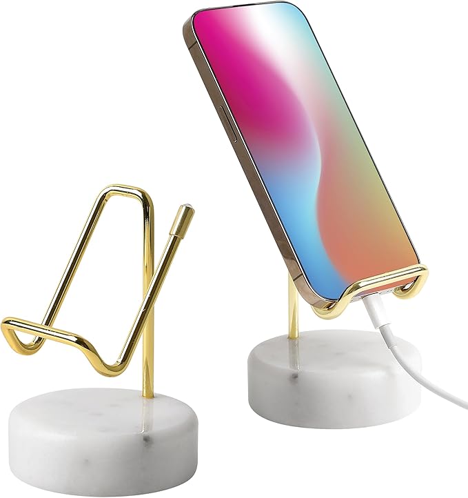 Marble Phone Stand with Metal Holder, Charging Available While Using, Swipe Up to Unlock, Made of Natural Marble as Business Card Holder for Office Desk (Starry White + Gold)