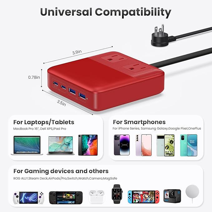 USB C Charger Block,135W GaN IV Fast Charging Station Hub,6-in-1 USB C Power Strip with Flat Plug and 5ft Cord,2 AC,2 USB A,2 USB C,PD 65W Laptop Charger for MacBook Air/Pro,iPhone16/15,Samsung-Red