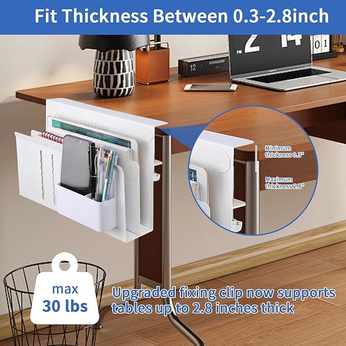 LUKETURE Laptop Holder, Steel Desk Side Storage, No Drill Standing Desk Accessories, Clamp on Laptop Mount with Pen Holder, Fits Flat Edge Tables 0.3" to 2.8" (White, L(2 Tier))