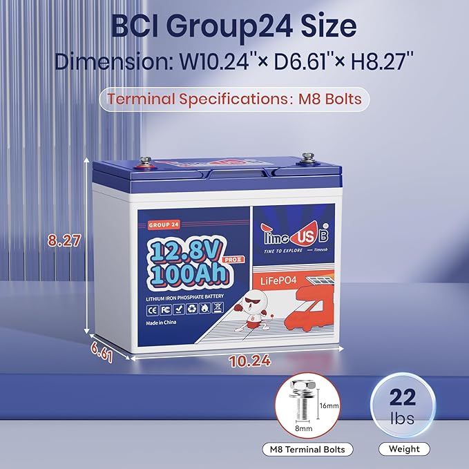 12V100Ah Group24 Mini LiFePO4 Battery, Grade A Battery Cells, Drop-in Replacement for Lead Acid Battery, 100A BMS, Up to 15000 Cycles, Lithium Battery for RV & Motor Home, Marine, 1 Pack