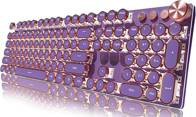 EWEADN Typewriter Style Mechanical Gaming Keyboard, Wired Mechanical Keyboards,104 Keys Backlit LED Keyboards, Media Control Knob, Wired Computer Keyboard Pink Switch for Windows/Mac/PC-Purple