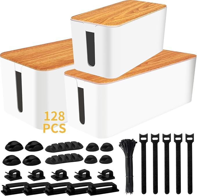 Cable Management Box 3 Pack with 125PCS Cable Management Kit for Power Strip to Hide Wires,Cord Organizer Boxes,Safe ABS Material Wire Organizer of Cable Clips Sleeve