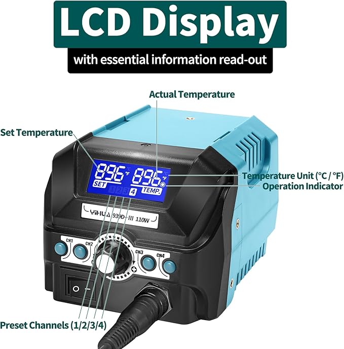 YIHUA 939D+ III EVO Digital Soldering Iron Station Kit 110W High Power with LCD display, 4 Memory Channels, Sleep Mode, Digital Calibration, Solder Wire, Helping Hands, Magnifier, 3 Soldering Tips