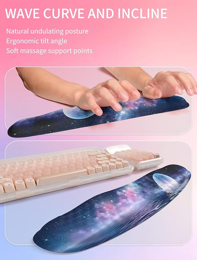 Hokafenle 2in1 Combination, Wave Keyboard Wrist Rest and Ergonomic Curvature Mouse Pad Wrist Support for Relieve Wrist Pain, Filled with Soft Cushion Memory Foam, Moonlit Starry Sea