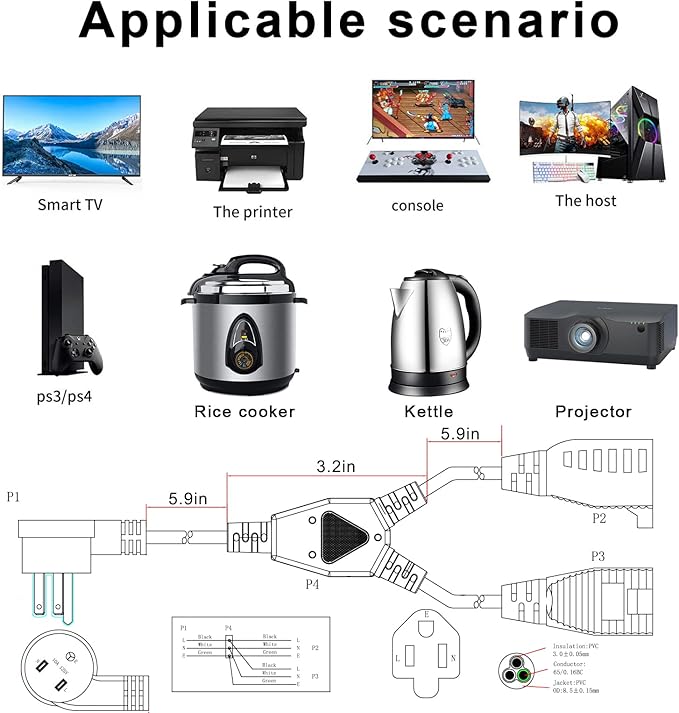 Power Extension Cord Y Splitter - 1FT Right Angled Type Flat Plug NEMA 5-15P 1 to 2 Way Outlet NEMA 5-15R SJT 16AWG 3 Prong Low Profile Black AC Power Cable Wire Extender for TV Computer Monitor