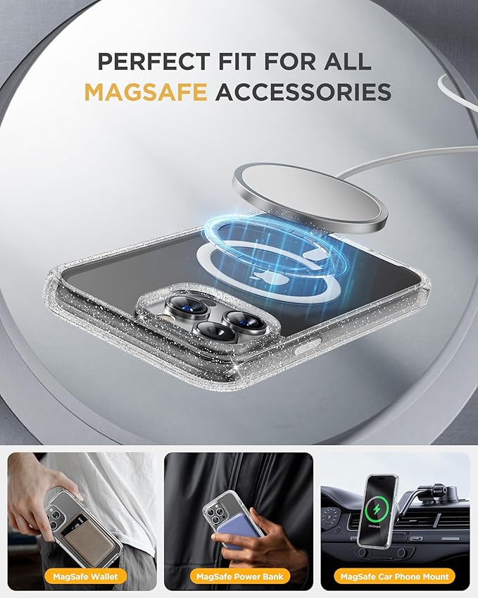 Miracase Magnetic for iPhone 15 Pro Case [Compatible with MagSafe] Full-Body Phone case with Built-in Glass Screen Protector& Camera Protector, Military Drop Proof 15 Pro Cover, Magnetic Clear Glitter