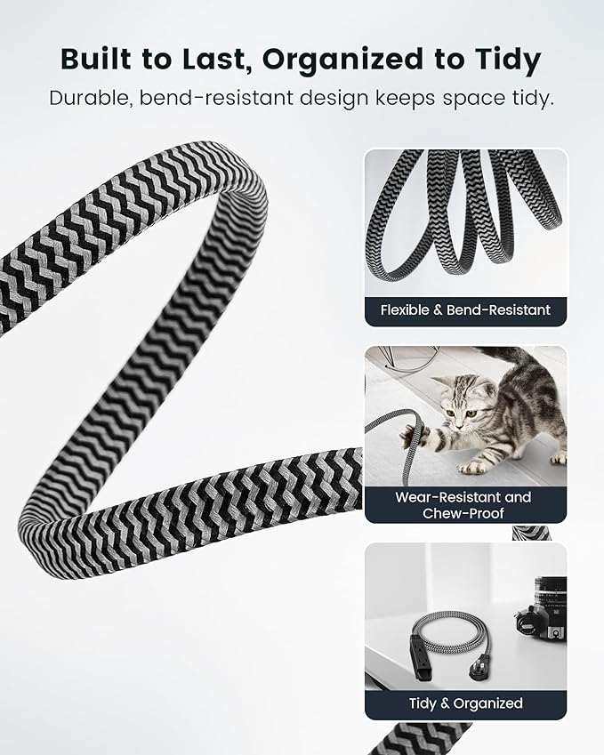 SURAIELEC 6FT Flat Extension Cord with 360° Rotating Plug, Braided Flat Plug with 3 Outlets, 16 AWG Thin Black Extension Cord for Indoor Use, Home, Office, Compact Spaces, ETL Listed