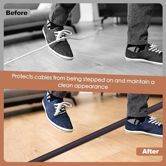 Floor Cord Cover for Wires on Floor Self Adhesive Cord Hider Floor Cable Management Wire Covers for Cords Protector Prevent Cable Trips Cord Cavity W 0.32" x H 0.32", Black Walnut, 10Ft