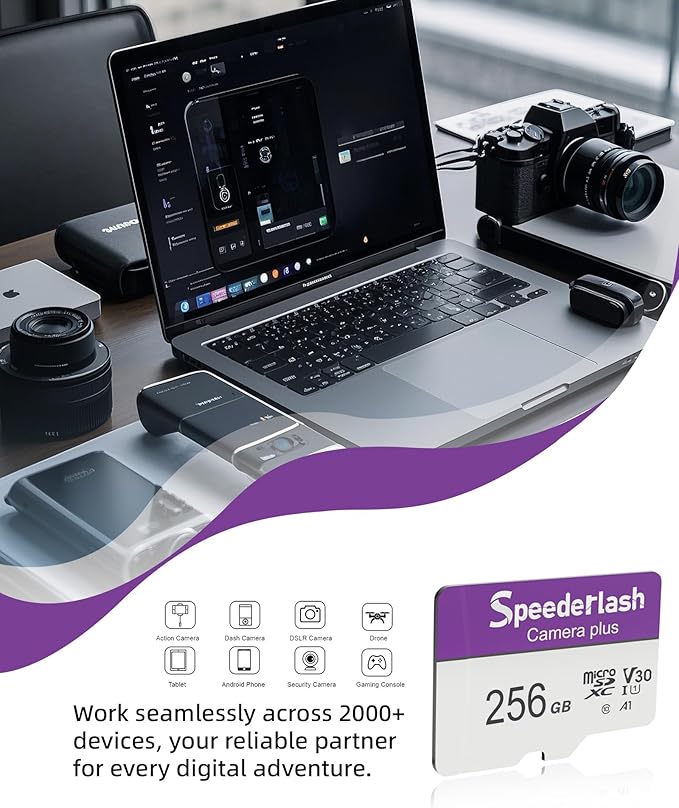Micro SDXC Memory Card 256GB 2 Pack, Speederlash Camera Plus TF Card with Adapter, Up to 100MB/s Read Speed, 4K UHD&5K Video Support, U1 V30 A1 Rated, Waterproof, for Security Camera, Dashcam, Drones