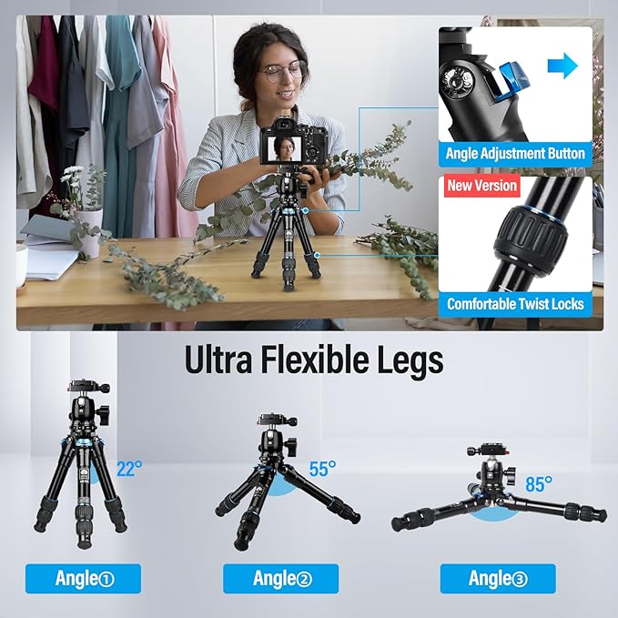 SIRUI AM203 Mini Travel Tripod with 360° B00K Ball Head, Lightweight Aluminum Tripod for Travel and Tabletop Use, Max Load 20lbs/10KG, Folded Height 11.4”, Max Height 16.7”