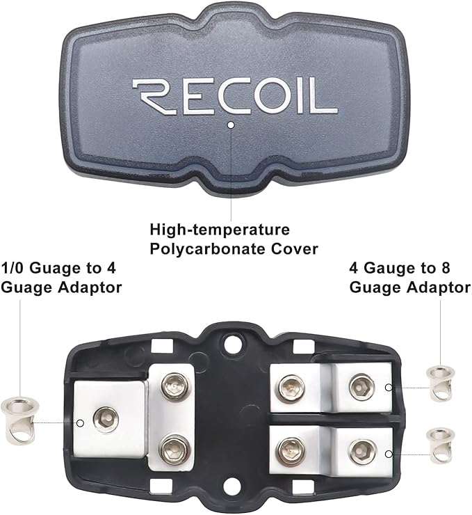 Recoil MFH12 2 Way Mini-ANL Fused Distribution Block, 1 X 0/2/4 Gauge in / 2 X 4/8 Gauge Out Fused Distribution Block with 60A, 80A, 100A Fuses, Solid Brass for Maximum Power Transfer
