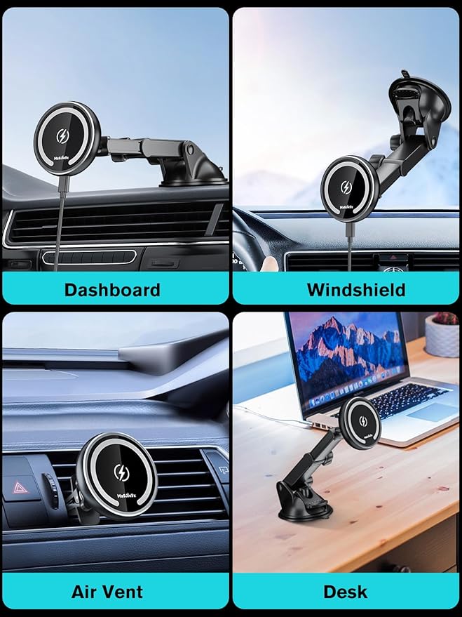 for Magnetic Magsafe Car Mount Charger, Wireless Car Charger with Fast Max 38W QC3.0Charging Adapter Retractable Phone Holder Fits iPhone16/15/14/13Plus/MagSafe Case,Dashboard/Vent/Windshield